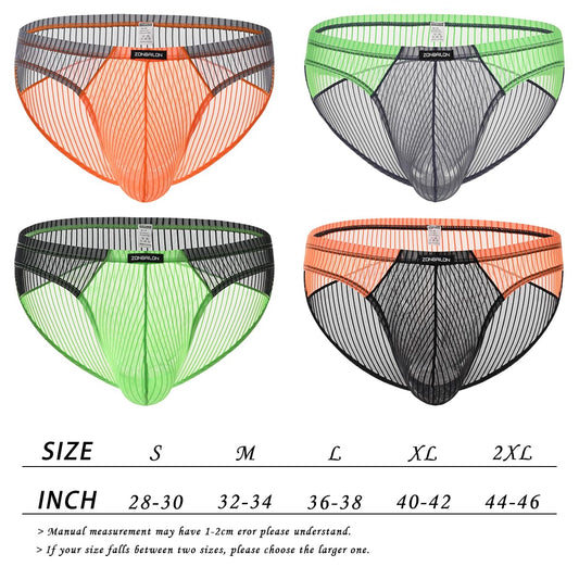 Men’s Sheer Mesh Briefs - Transparent Bulge Pouch Bikini Underwear See Through Striped Ultra-Thin Sexy Panties XL