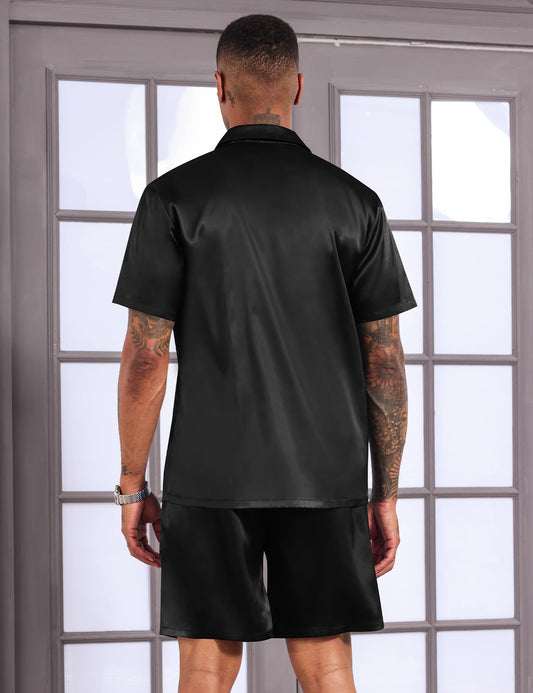 LecGee Men's 2 Piece Silk Satin Outfits Short Sleeve Button Tracksuit Shorts Shiny Satin Dress Shirts Set(Black,S)