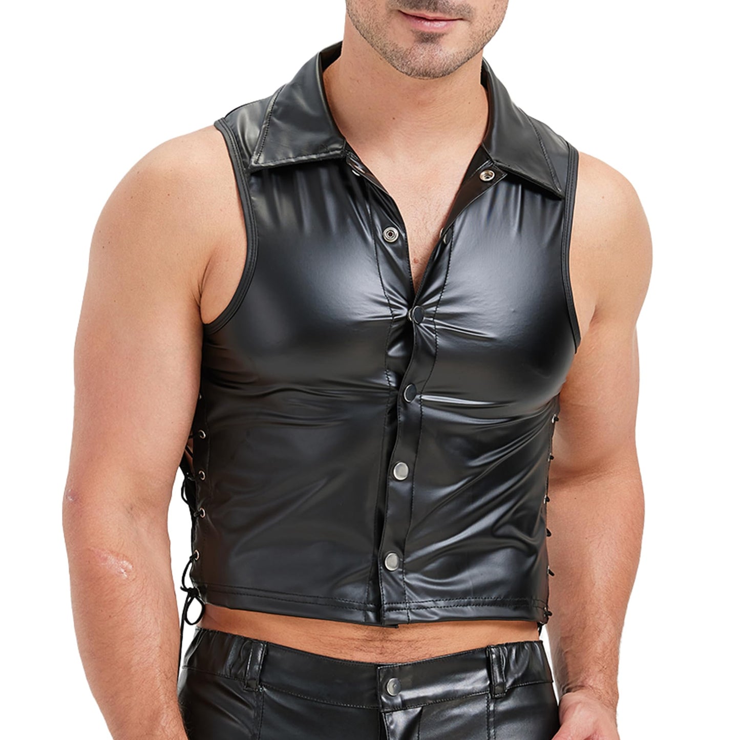 YUFEIDA Men's Faux Leather Undershirts Button Laceup Sleeveless Tank Tops Muscle Fit Waistcoat Tops Fashion Undershirts