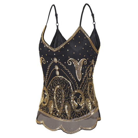 Vijiv Vintage 1920s Inspired Strappy Beaded Sequin Crop Top Flapper Style Sleeveless V-Neck Shimmer Glitter Tops Gatsby Party Black Gold