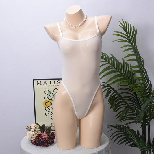 Women's Sheer Mesh Bodysuit Lingerie See Through Teddy High Cut Thong Leotard Sexy Body suit White Large