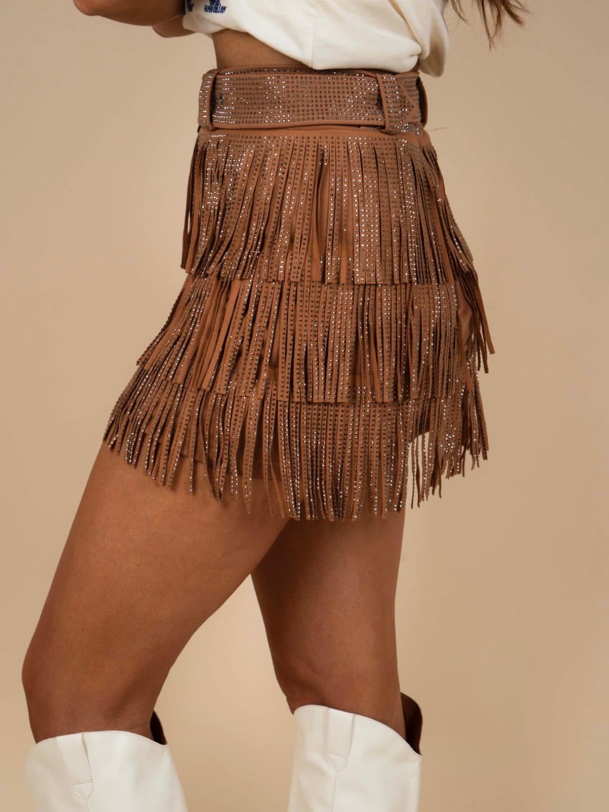 ChiyeeKiss Womens Sparkle Rhinestone Fringe Skirt Elastic Waistband Short Mini Dress with Adjustable and Removable Belt(0002-Brown-M)