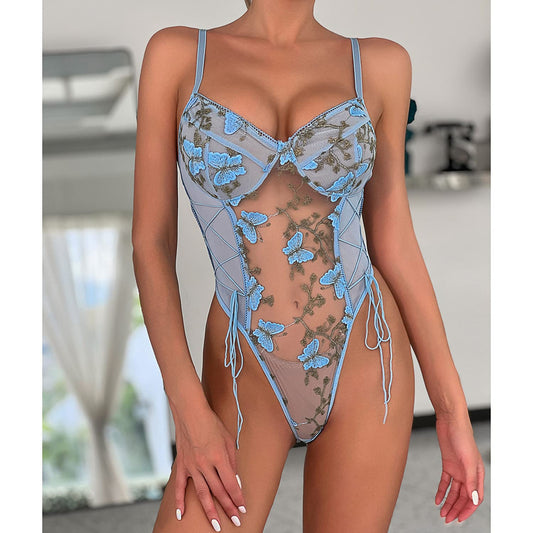 Sexy Women Lace Floral Embroaidered Teddy- Bodysuit Sheer One Piece