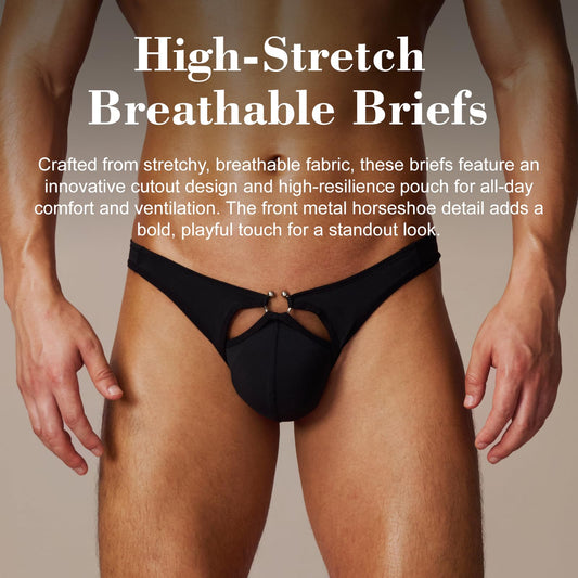 BSZN Men's Horseshoe Ring Briefs, Black Low Rise Sexy Underwear, High Stretch Breathable Pouch Slim Fit Briefs for Men