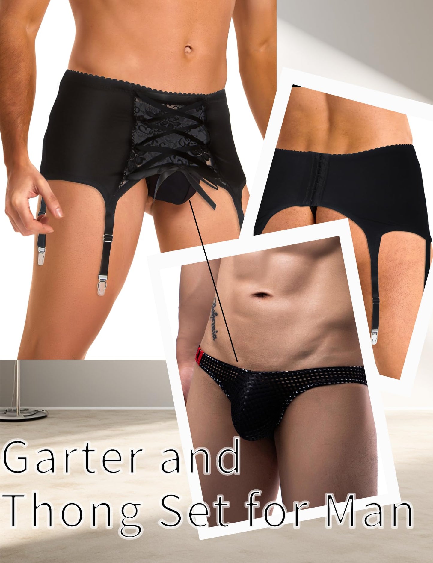 ohyeahlady Men's Sissy Gaters Belt Thong Panties lingerie Crossdressing G-string Bikini Briefs Underwear Suspender Garter Belt Black