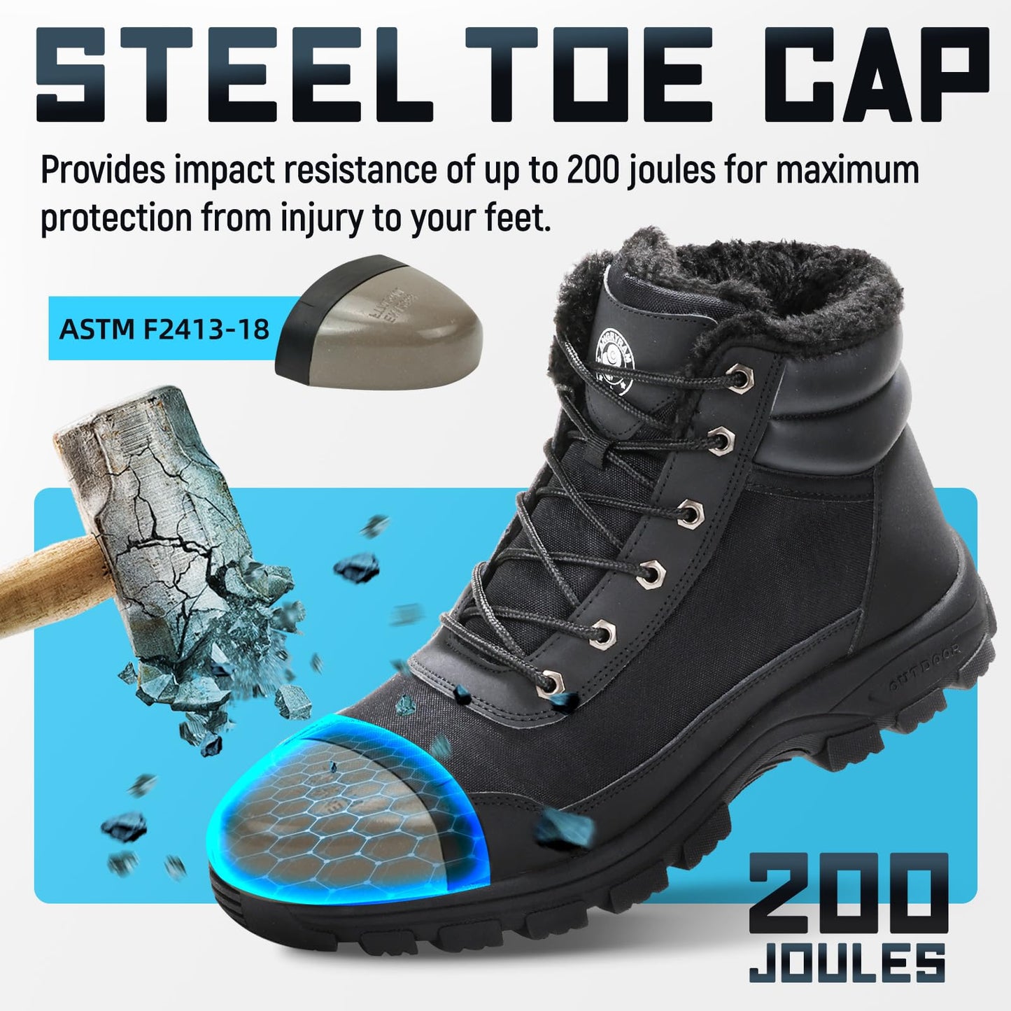 ANGRYRAM Winter Steel Toe Boots for Men Women Comfortable Warm Faux Fur Slip Resistant Snow Work Boots