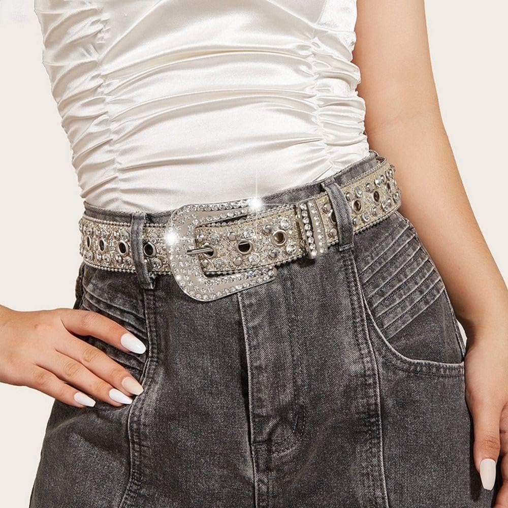 NociHah Silver Rhinestone-Belt Western-Cowgirl-Cowboy-Belts Vintage Bling Crystal Diamond Studded-Leather-Belt for Jean Pants (Silver)