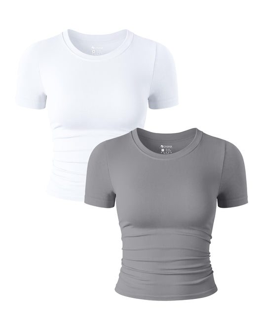 OQQ Womens 2 Piece Shirts Short Sleeve Crew Neck Ruched Stretch Fitted Tee Shirts Crop Tops White Smoke Grey