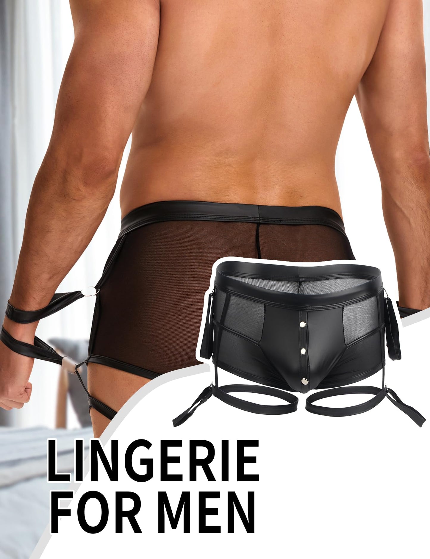 Mens Underwear Boxer Briefs, Sexy Underwear Mesh Boxer For Men Open Front Bulge Pouch -Intimate Panties With Handcuff - Harness Straps- Lingerie Black