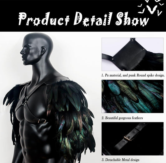 Gothic Men's Feather Shoulder Piece Punk Leather Harness, Black