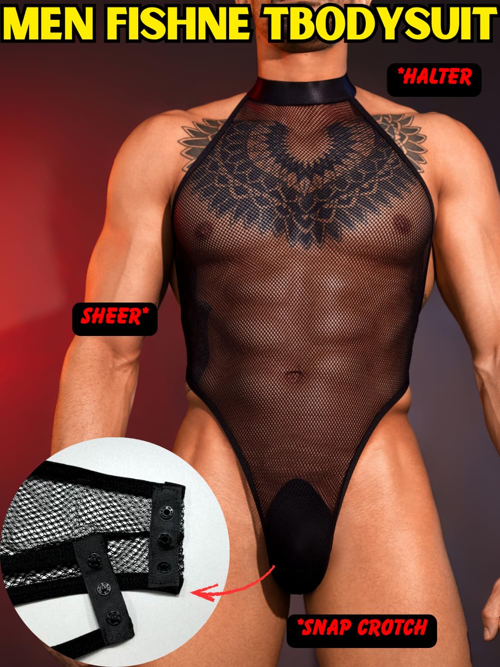 EHSUYAB Men Sexy Lingerie, Snap Crotch High Cut Fishnet Bodysuit, Sheer Mesh Sissy Clothes Gay Club, Party Dance Rave Outfits Black One Size