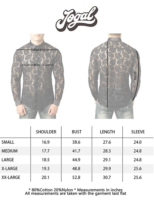 JOGAL Men's See Through Flower Lace Sheer Blouse Long Sleeve Button Down Shirts White XX-Large