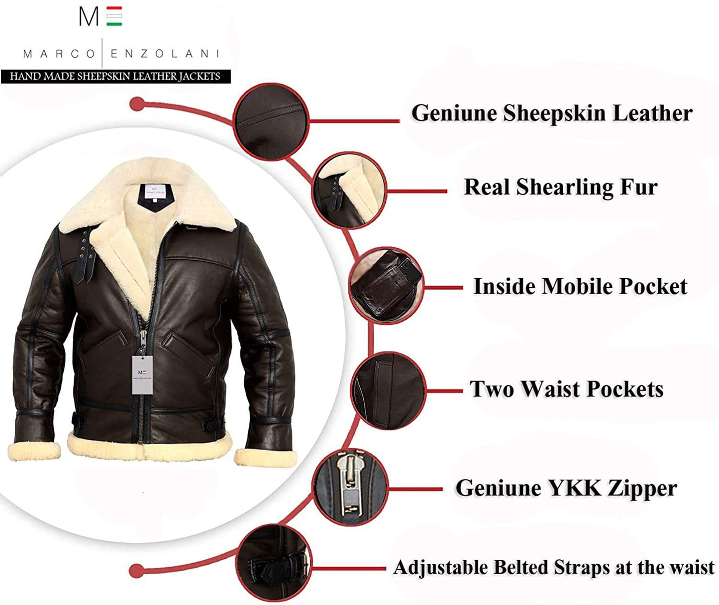 MARCO ENZOLANI B3 Bomber Jacket Aviator Real Shearling B3 Bomber Jacket Winter (Brown, 2xl)