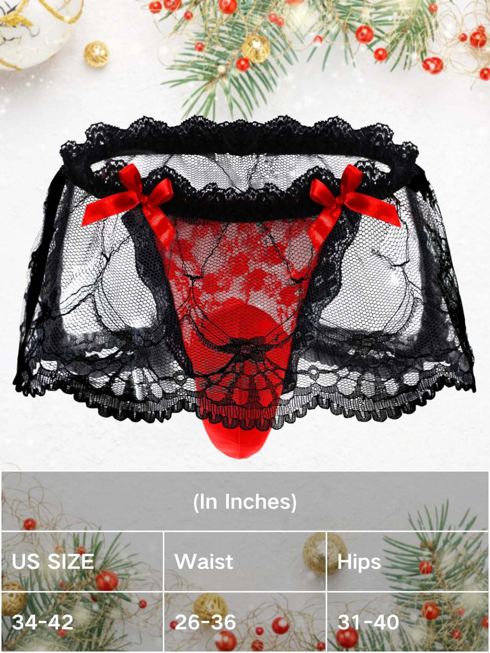 ChiaoLezhee Mens Lace Sexy Underwear, Sissy Pouch Panties Femboy For Men, Low Rise Bow Lingerie Fits 32-42, Sheer Girly, Red, One Size