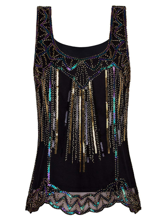 Vijiv Womens 1920s Vintage Beaded Tops Art Deco Sleeveless Embellished Sparkly Sequin Vest Tank Top Black Gold