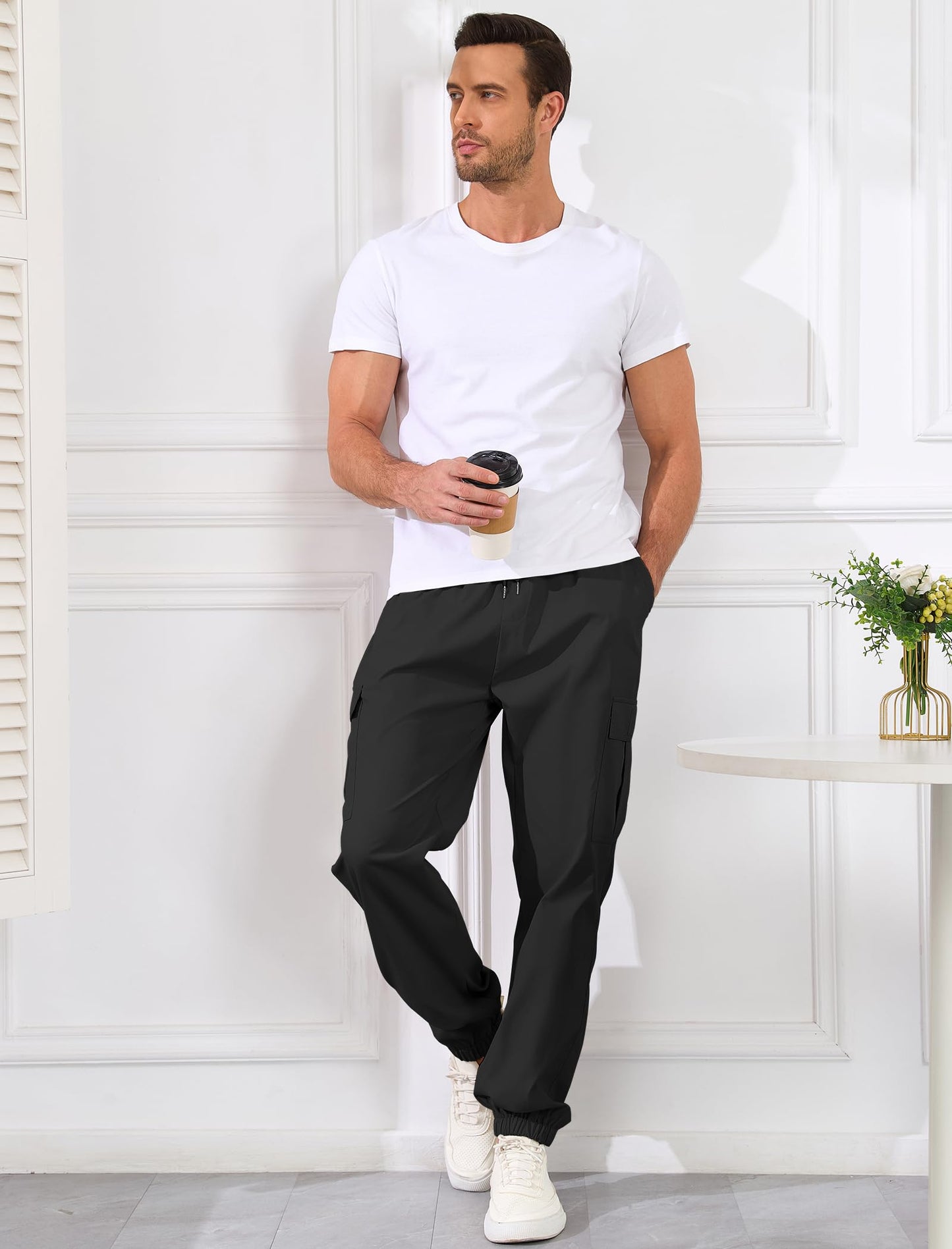 ZAFUL Mens Casual Cargo Pants Drawstring Hiking Outdoor Streetwear Track Joggers Sweatpants with Pockets (1-Black, L)