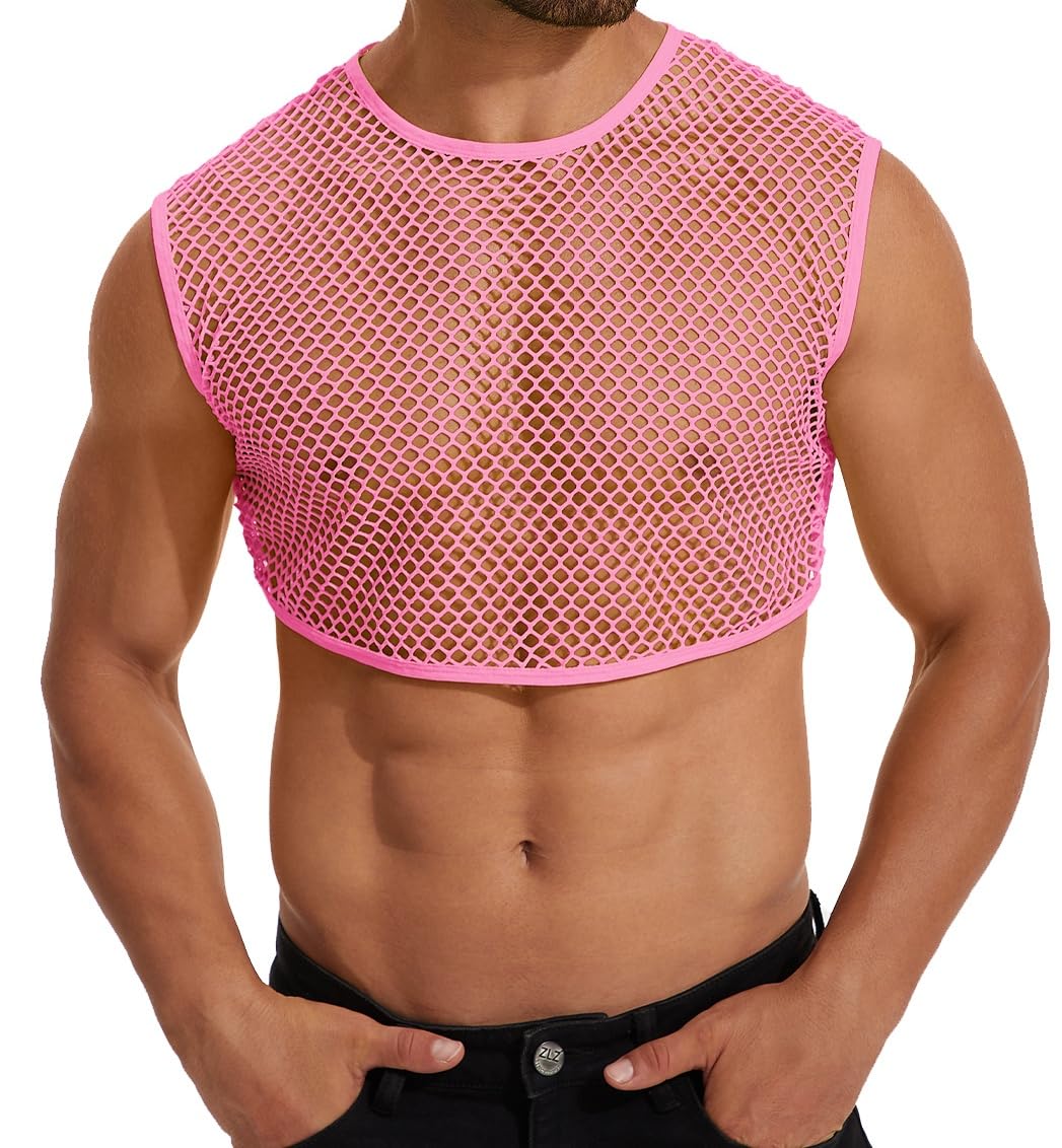 ABAFIP Men's Fishnet Crop Tank Top Sleeveless Mesh Tank Tops Sheer Fishnet Rave Top Muscle Shirts Summer Half Undershirts Pink XX-Large