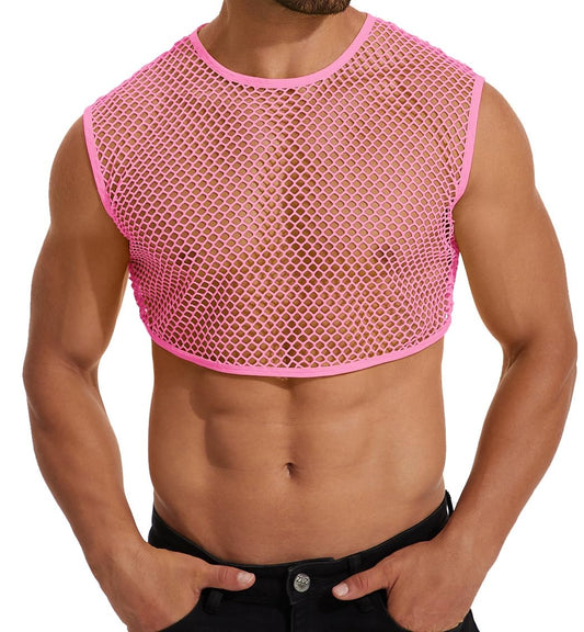 ABAFIP Men's Fishnet Crop Tank Top Sleeveless Mesh Tank Tops Sheer Fishnet Rave Top Muscle Shirts Summer Half Undershirts Pink XX-Large