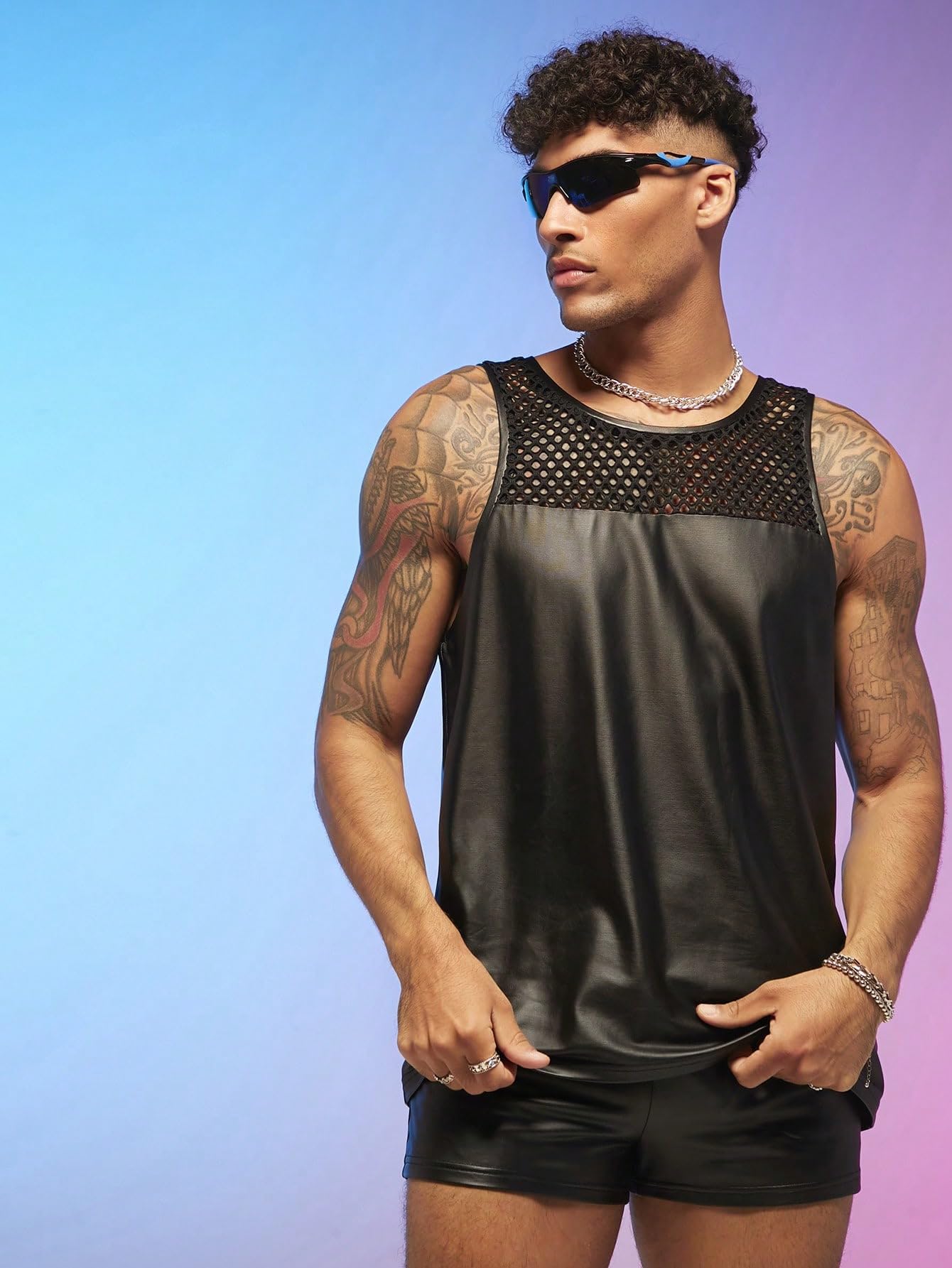 WDIRARA Men's 2 Piece Outfit Mesh Sheer Pu Leather Tank Top and Track Shorts Set Black S