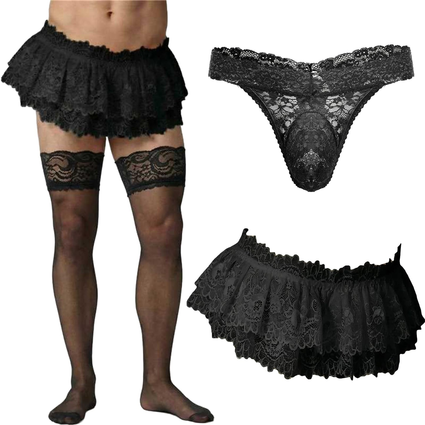 Jamntower 3 Pcs Sissy Accessories Men's Lace Skirt Thongs Panties Stockings Black Low Rise Lace Mesh Ruffled Lingerie Men's Sissy Outfit Femboys Underwear