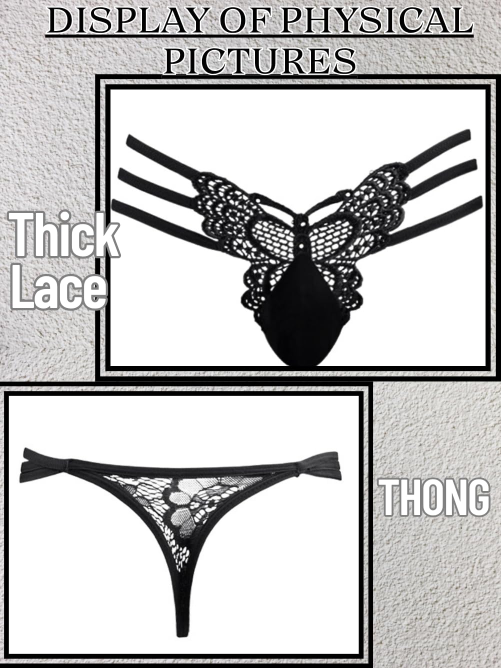 ChiaoLezhee Mens Sexy Butterfly Thong Lingerie, Sissy Floral Lace, fits 34-40 Girly String Panties, Low Rise Femboy Underwear, Black, One Size