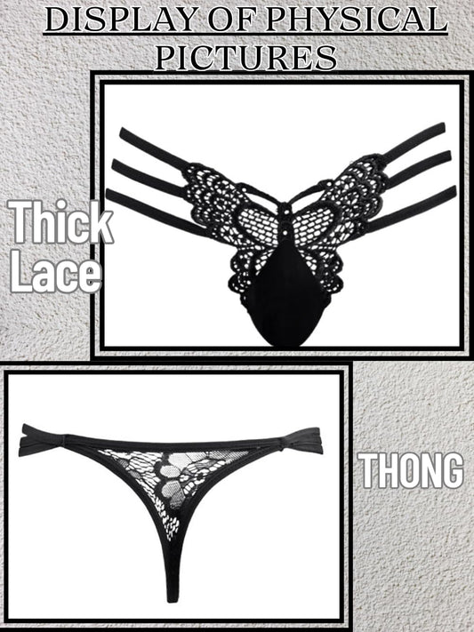 ChiaoLezhee Mens Sexy Butterfly Thong Lingerie, Sissy Floral Lace, fits 34-40 Girly String Panties, Low Rise Femboy Underwear, Black, One Size
