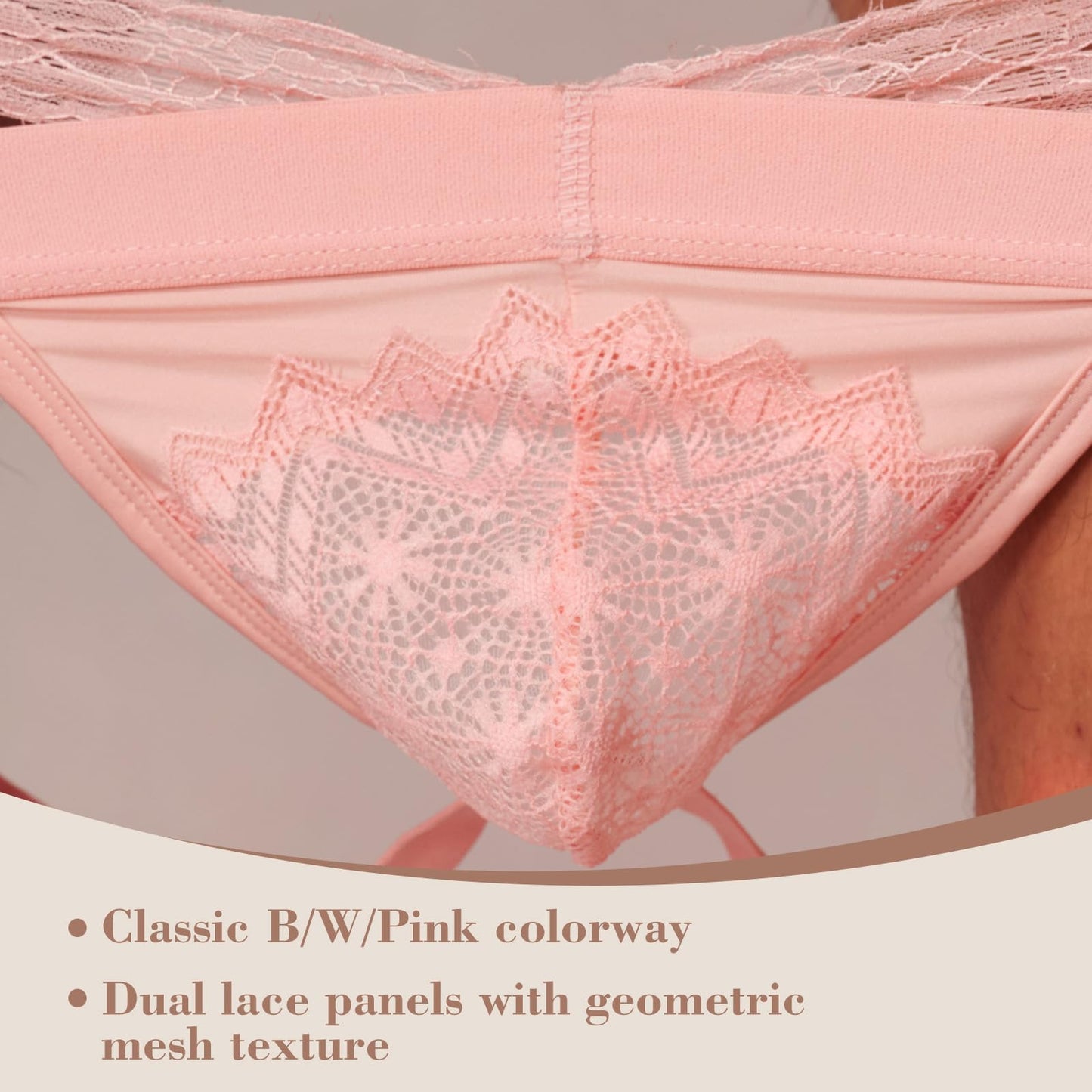 BSZN Men's Lace Jockstrap, Pink Rose Night Low Rise Sheer Lace Pouch Underwear, Mid High Cut Slim Fit Breathable Jock Strap for Men