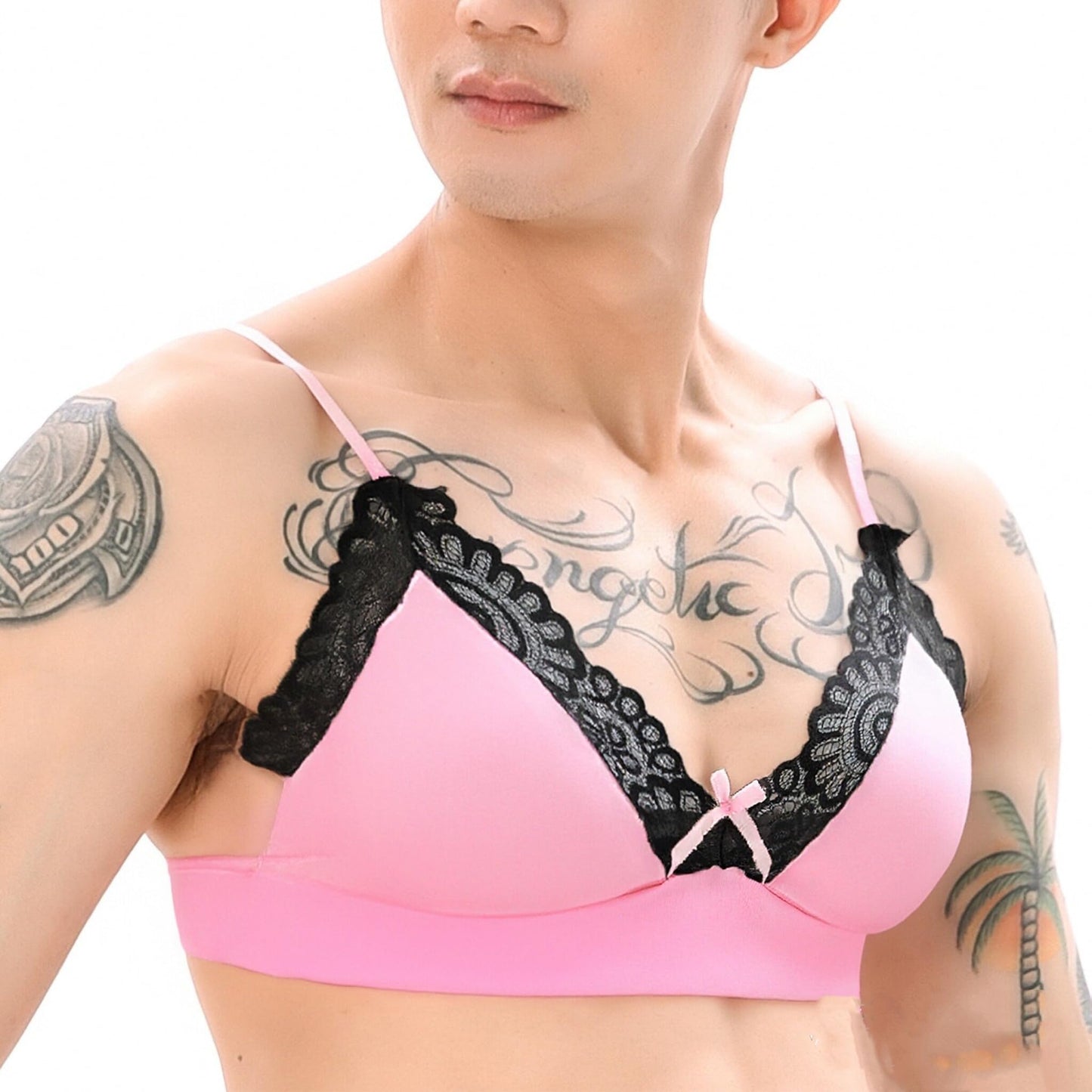 Men's Sissy Lingerie Lace Underwear Floral Bra Bowknot Strappy Bra Top Crossdressing Nightwear (Dark Pink-bra, Medium)