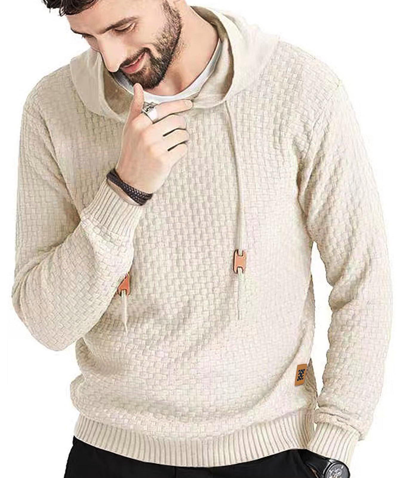 Zaitun Mens Hooded Sweatshirt Long Sleeve Solid Knitted Hoodie Pullover Sweater Khaki