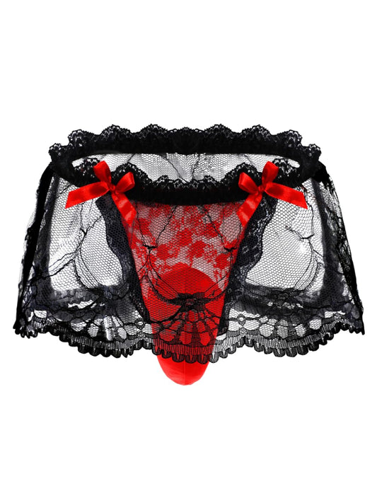 ChiaoLezhee Mens Lace Sexy Underwear, Sissy Pouch Panties Femboy For Men, Low Rise Bow Lingerie Fits 32-42, Sheer Girly, Red, One Size