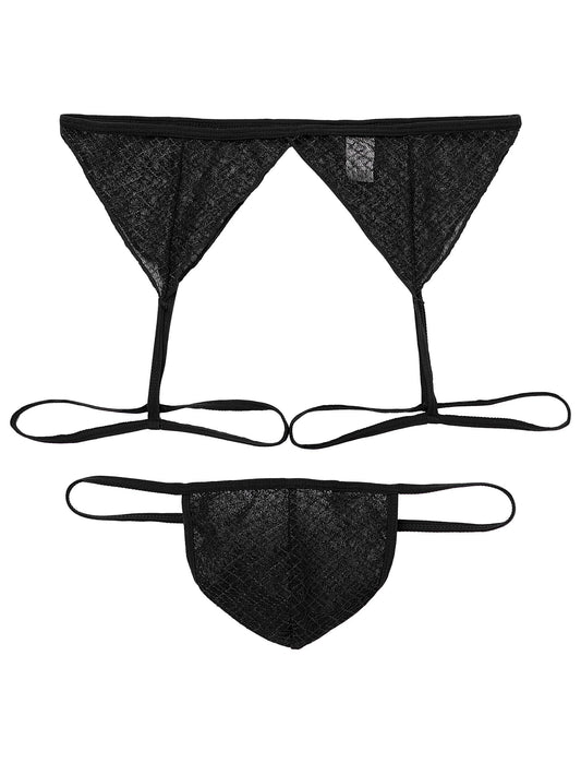 ABAFIP Men's Sissy Lingerie Sheer Mesh G-string Thong Lace Panties with Garter Band Crossdresser Underwear Black Medium