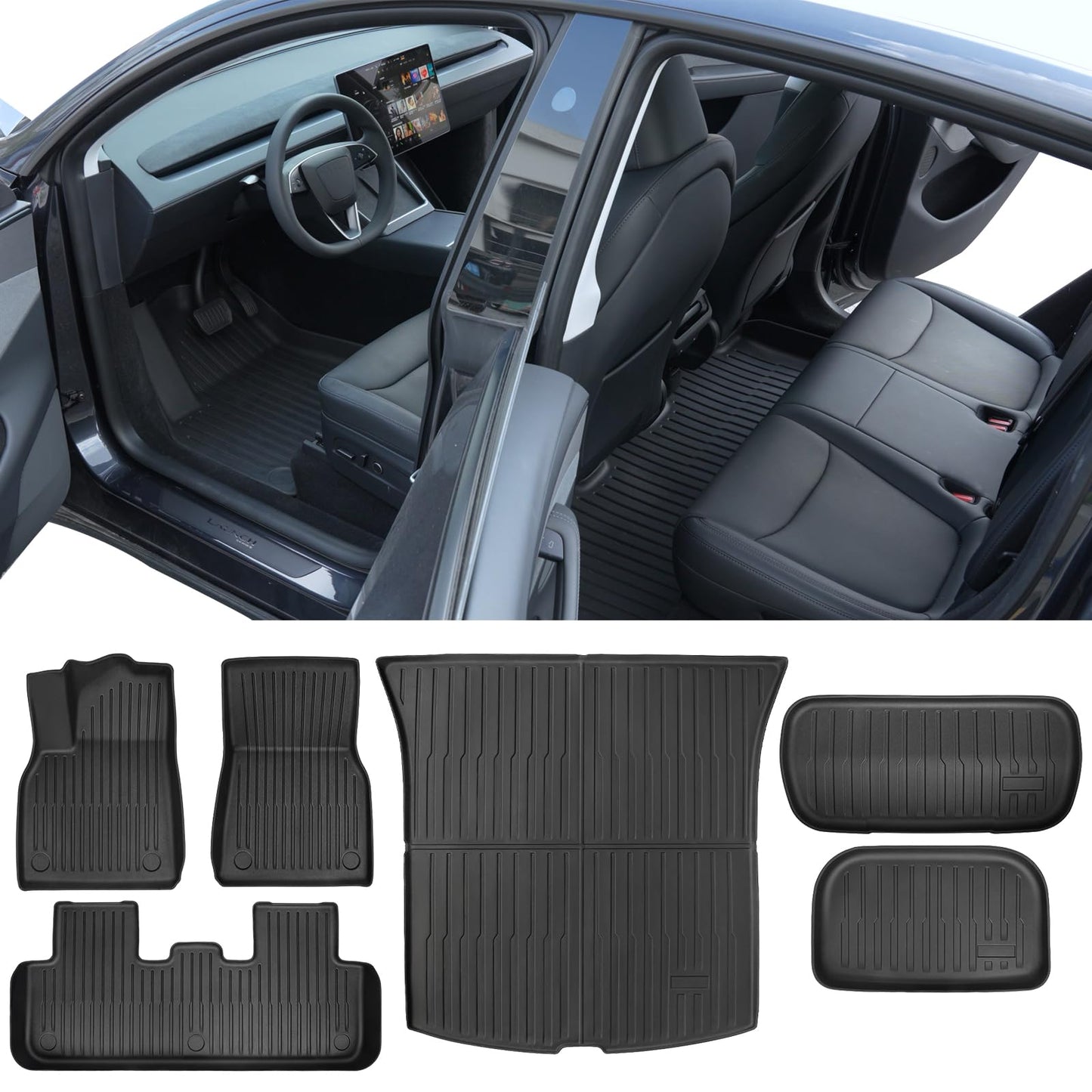Maysoo 2025 2026 New Tesla Model Y Juniper Floor Mats Set Set of 6 Mats All Weather TPE Non-Slip Floor Liners and Front and Rear Trunk Liner (Only for Tesla Model Y Juniper)