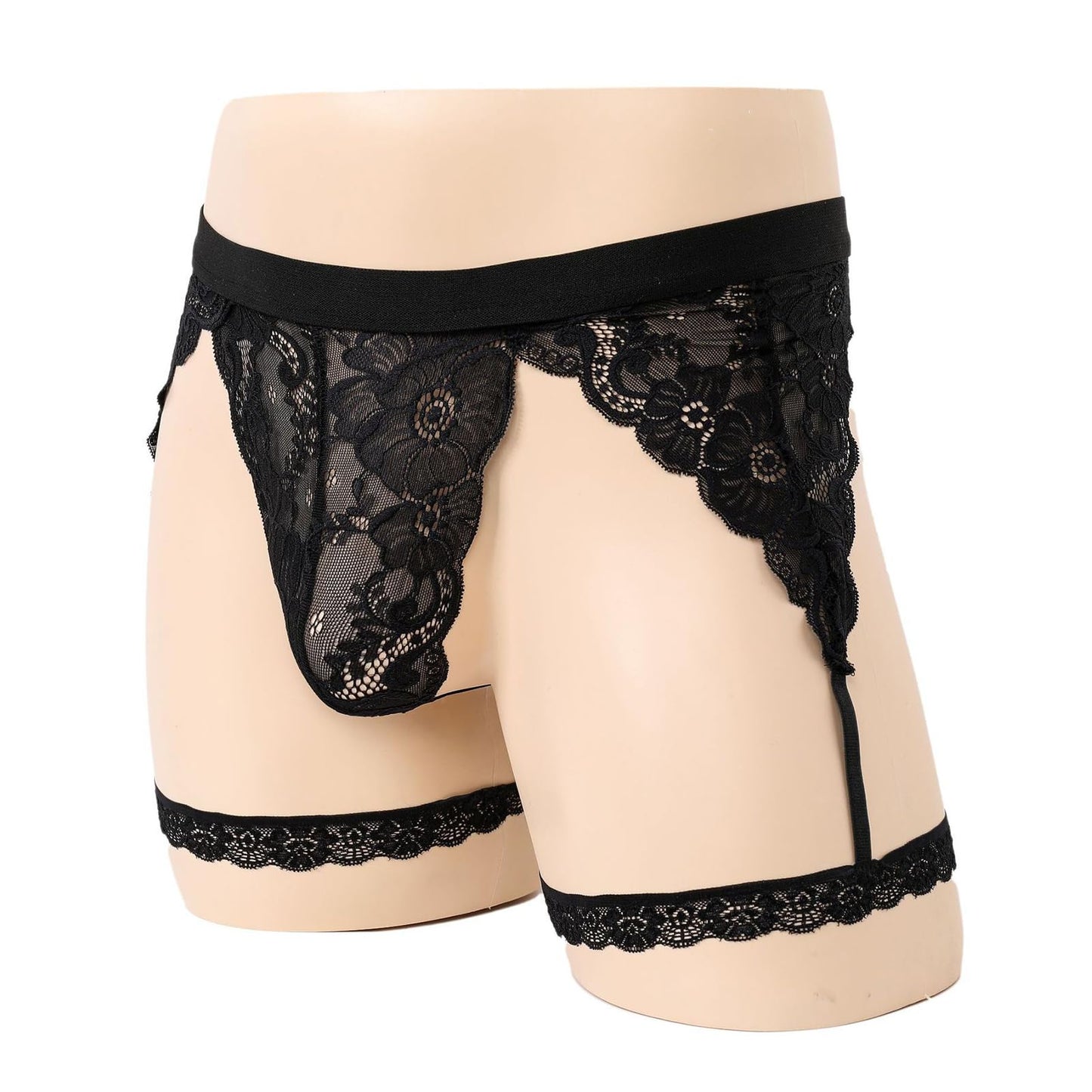 ABAFIP Men's Lace Underwear Sheer Pouch Garter Panties Crossdressing Sexy Lingerie Sissy Underpants Black Medium