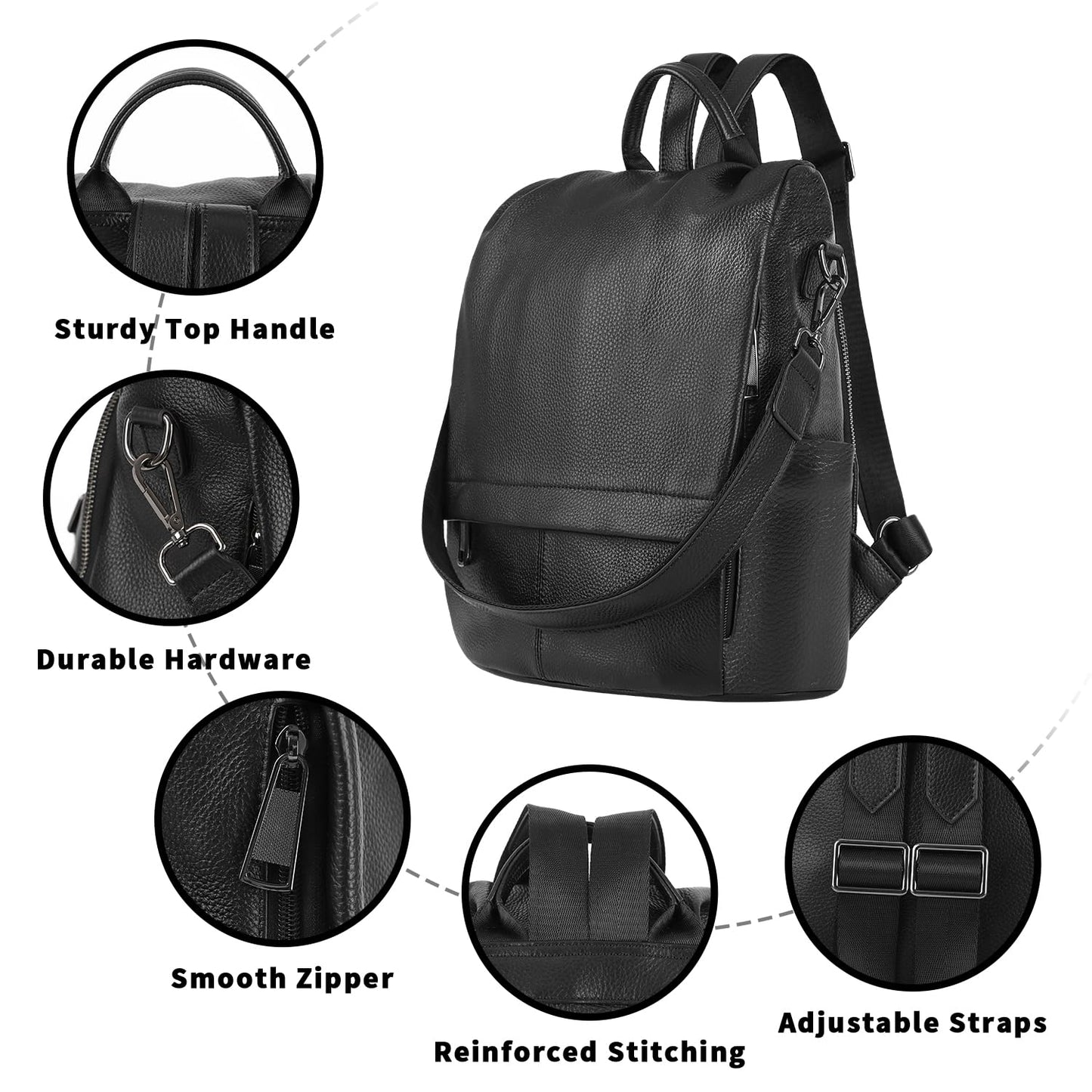 Wesccimo Genuine Leather Backpack Purse For Women Antitheft Real Soft Fashion Designer Convertible Shoulder Bag Black