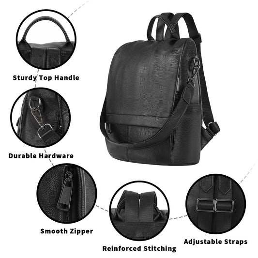 Wesccimo Genuine Leather Backpack Purse For Women Antitheft Real Soft Fashion Designer Convertible Shoulder Bag Black