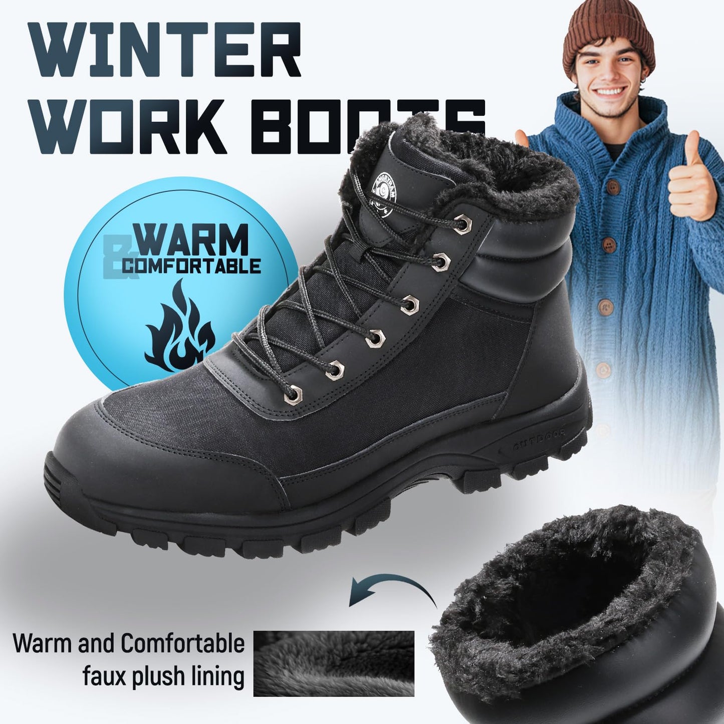 ANGRYRAM Winter Steel Toe Boots for Men Women Comfortable Warm Faux Fur Slip Resistant Snow Work Boots