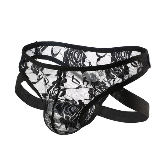 UIWFJEH Men'S Lingerie Panties Bikini Men'S Lace See-Through Thong Double Thong Panties Low Rise Sexy Erotic Underwear,Black,M