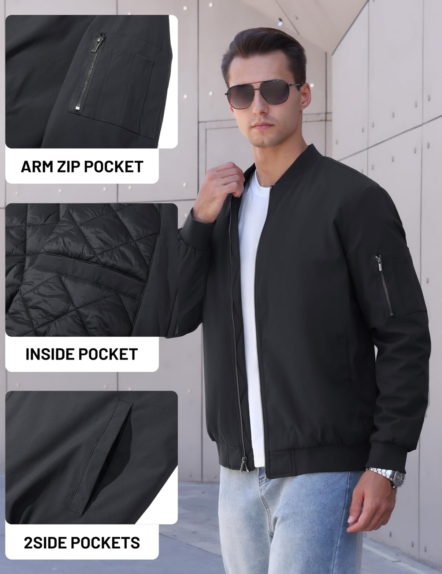 TACVASEN Men's Bomber Jackets Thermal Quilted Jacket Water Resistant Warm Winter Coats with 4-Pockets Black L