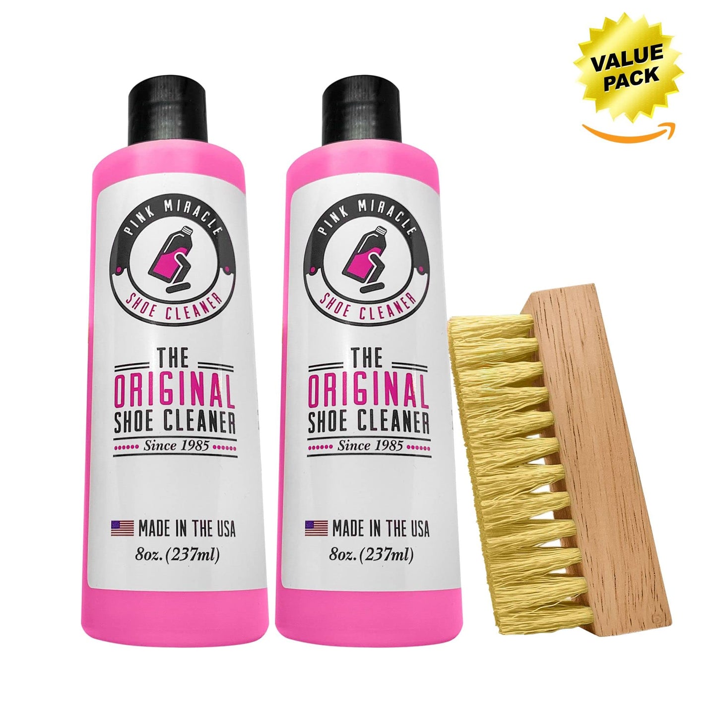 Pink Miracle Shoe Cleaner Kit Fabric Cleaner for Leather, Whites and Nubuck Sneakers Two Pack (Two Bottles/One Brush)