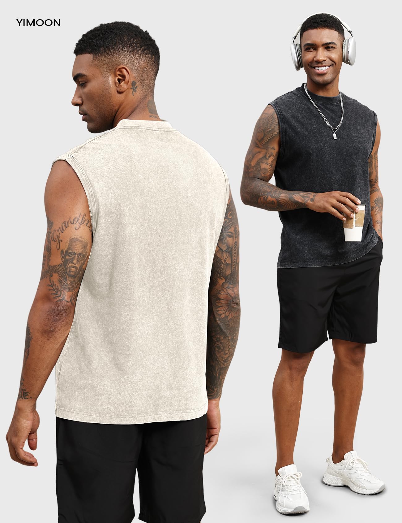 Yimoon Sleeveless Shirts for Men Workout Tank Tops Cotton Acid Wash Muscle Shirts Baggy Gym Tees(BlackKhakiBeigeArmy-XL)