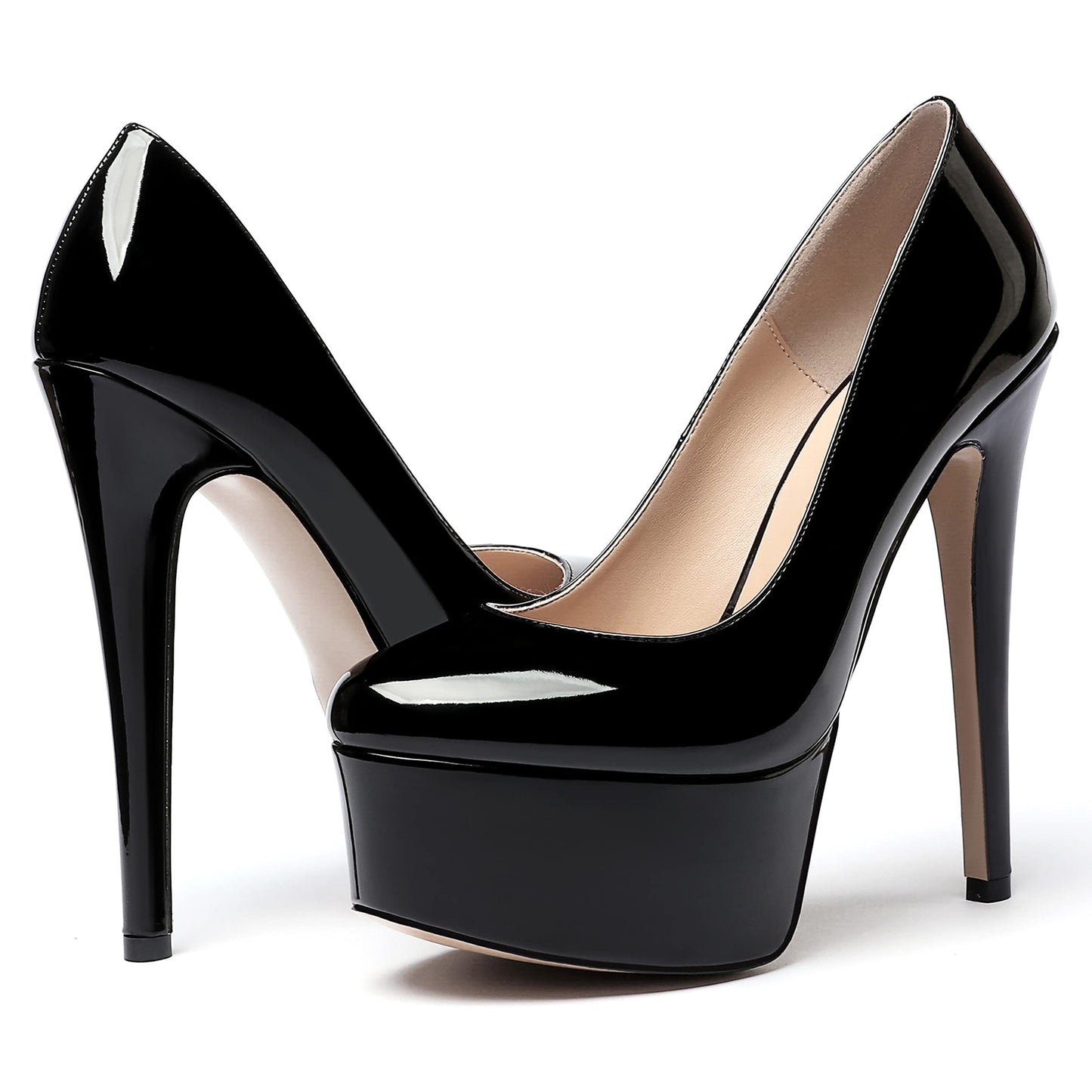 MODENCOCO Women's Black Patent Stiletto Slip On Round Toe 6 Inch High Heel Pumps Night Club Dress Shoes Size 8 - Zapatos de Tacon para Niñas