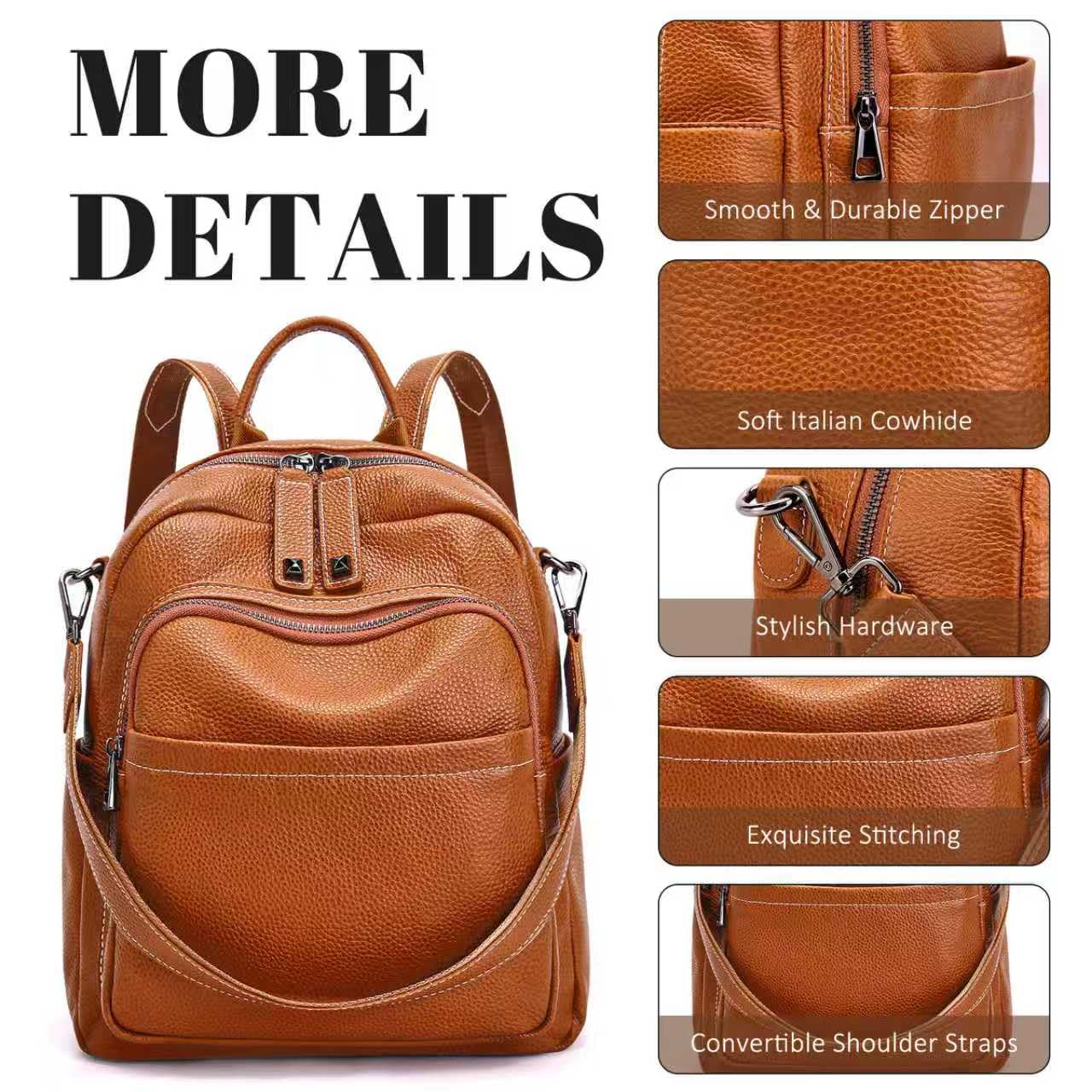 BOYATU Genuine Leather Backpack Purse for Women: Anti Theft Convertible Soft Backpacks - Elegant Womens Travel Backpack (01 Caramel Brown)