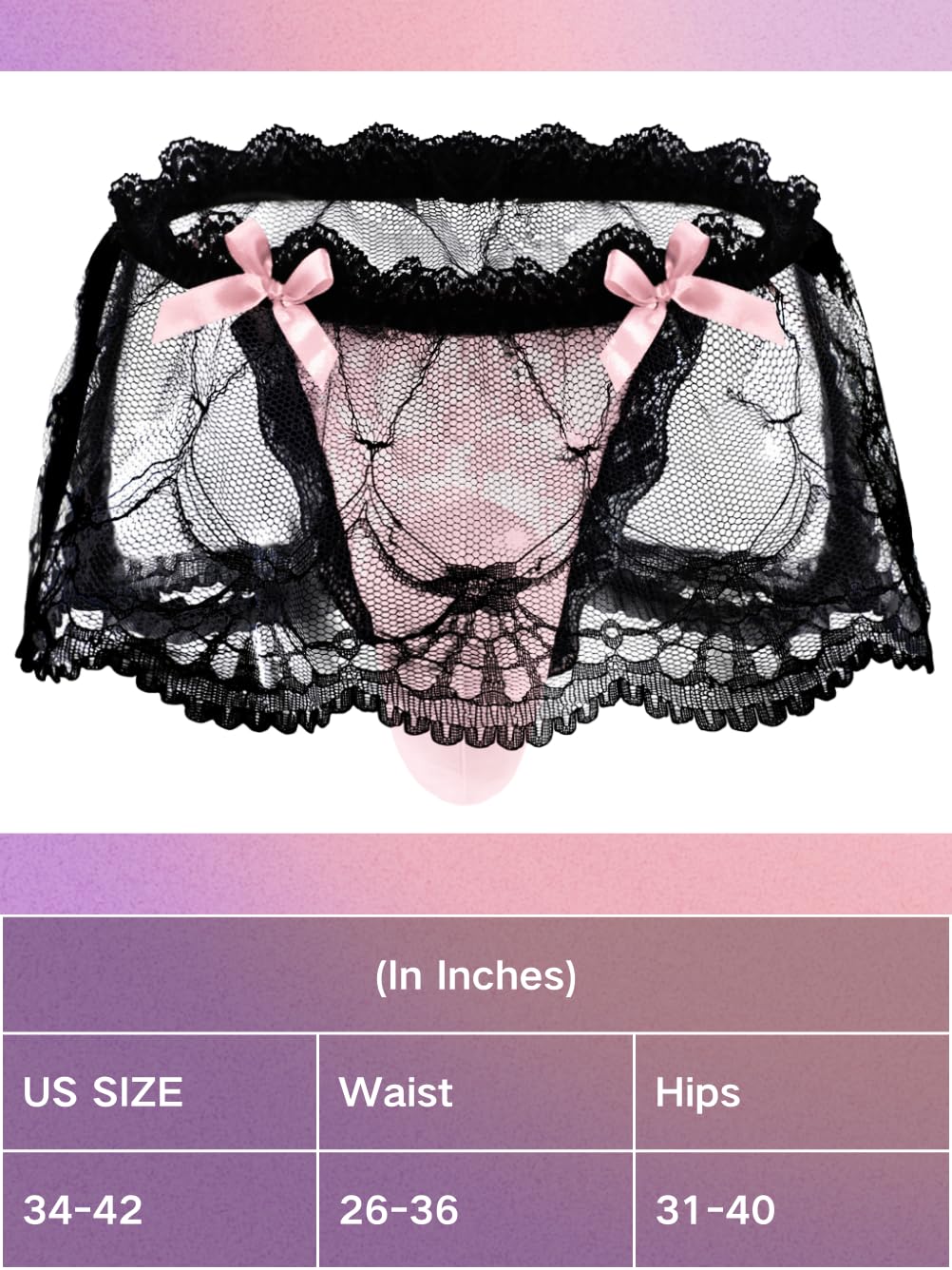 ChiaoLezhee Mens Lace Sexy Underwear, Sissy Pouch Panties Femboy For Men, Low Rise Bow Lingerie Fits 32-42, Sheer Girly, Light Pink, One Size