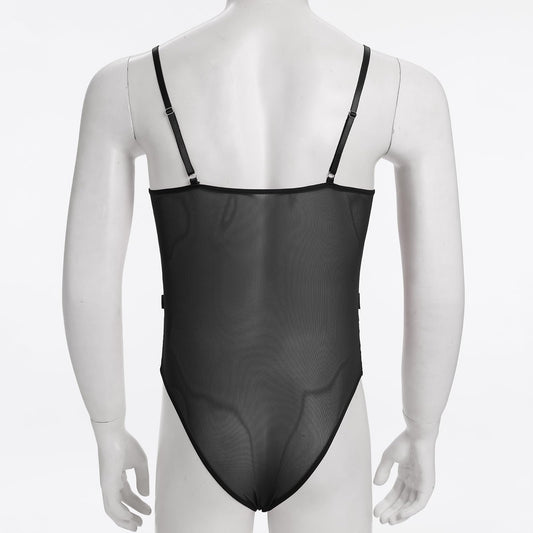 Men's Sissy Lingerie Bodysuit Sheer Lace Mesh Spaghetti Strap Cami Leotard Crossdress Underwear Black Medium