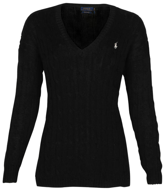 Polo Ralph Lauren Women's Cable Knit V-Neck Pony Sweater-Polo Black-Medium