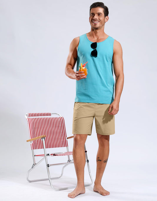 Mens Swim Trunks with Compression Liner - Quick Dry Board Shorts Swimsuit Bathing Suit for Men - Khaki