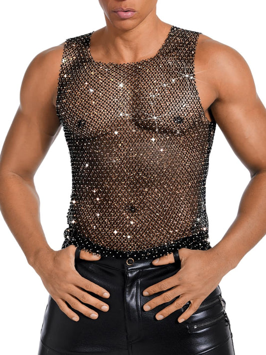 ChiaoLezhee Rhinestones Rave Outfits, Sparkly Mesh Tank Tops, Men's Sexy Sheer Fishnet Shirt for Music Festival, Crewneck Sleeveless Glitter Going Out Vest Crop Clubwear,Black,X-Large