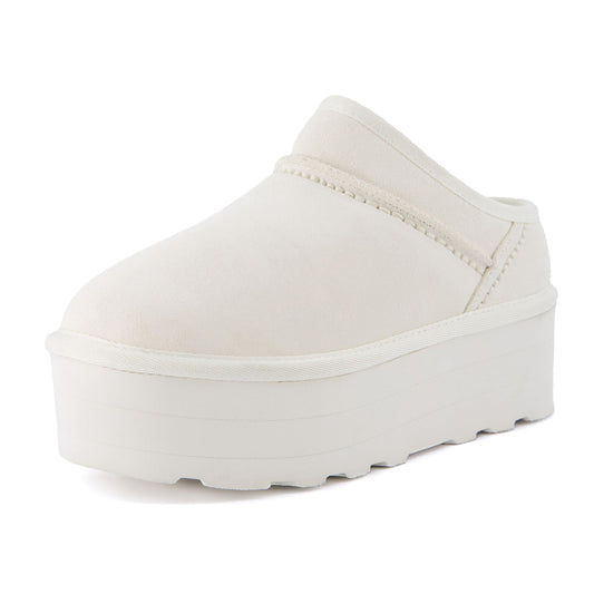 CUSHIONAIRE Huggy-2 Platform Slippers for Women, Cozy Genuine Suede Slip-On Ankle Boots for Indoor Outdoor Wear, Womens Slippers, OFF WHITE 9W