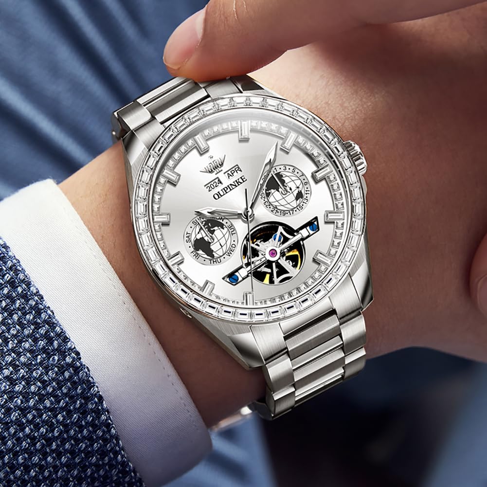 OUPINKE Automatic Men's Watch Diamond Skeleton Self Winding Mechanical Luxury Business Watch Sapphire Crystal Waterproof Luminous