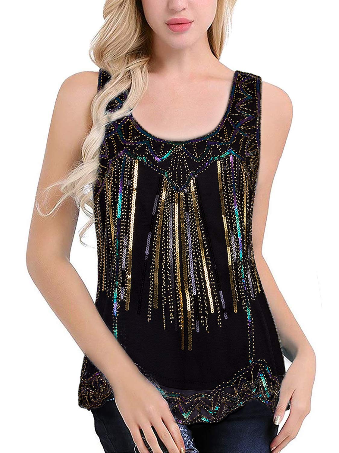Vijiv Womens 1920s Vintage Beaded Tops Art Deco Sleeveless Embellished Sparkly Sequin Vest Tank Top Black Gold